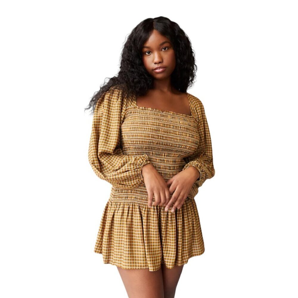 Urban Outfitters Francis Smocked Checked Mini Dress Brown Motif
